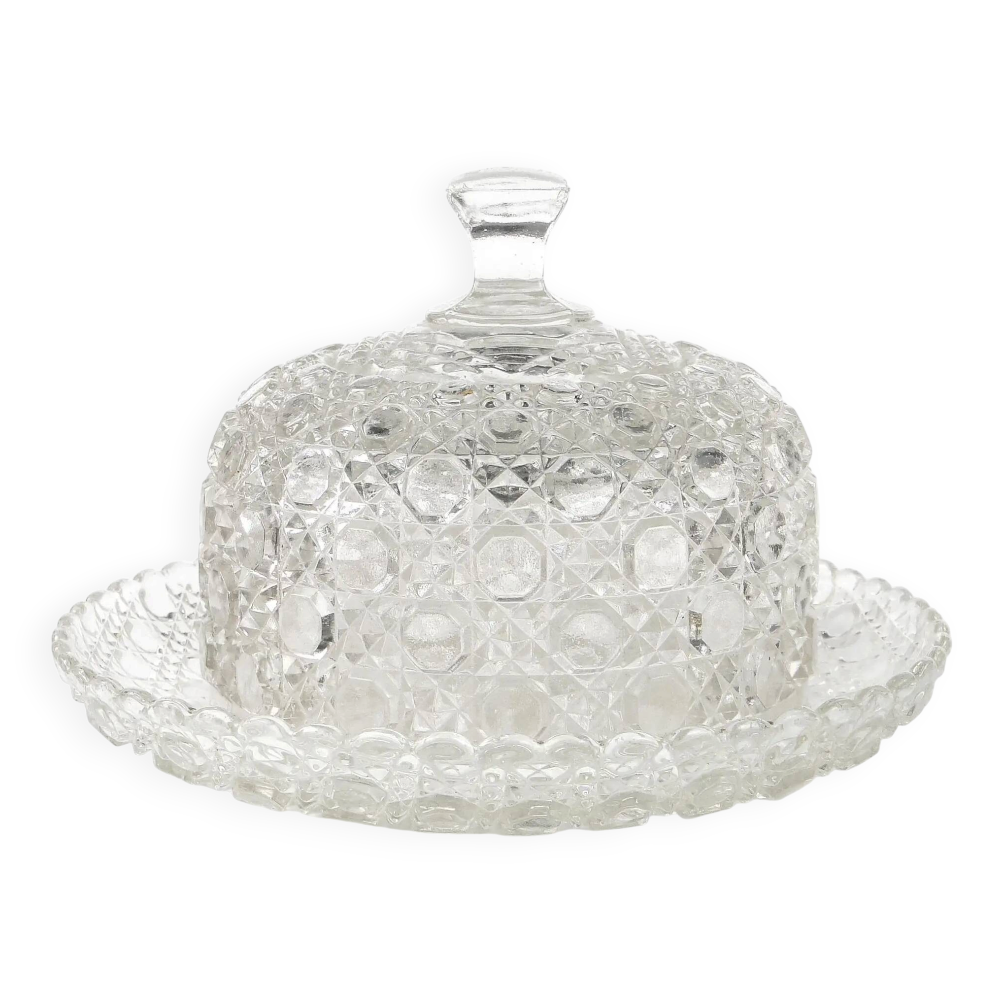 Conteneur à fromage ou à beurre Art Déco, en verre pressé, Tchécoslovaquie, années 1950.