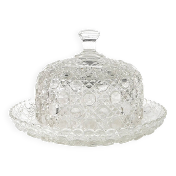 Conteneur à fromage ou à beurre Art Déco, en verre pressé, Tchécoslovaquie, années 1950.