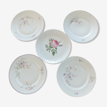 5 mismatched flat porcelain plates by Tharaud Limoges