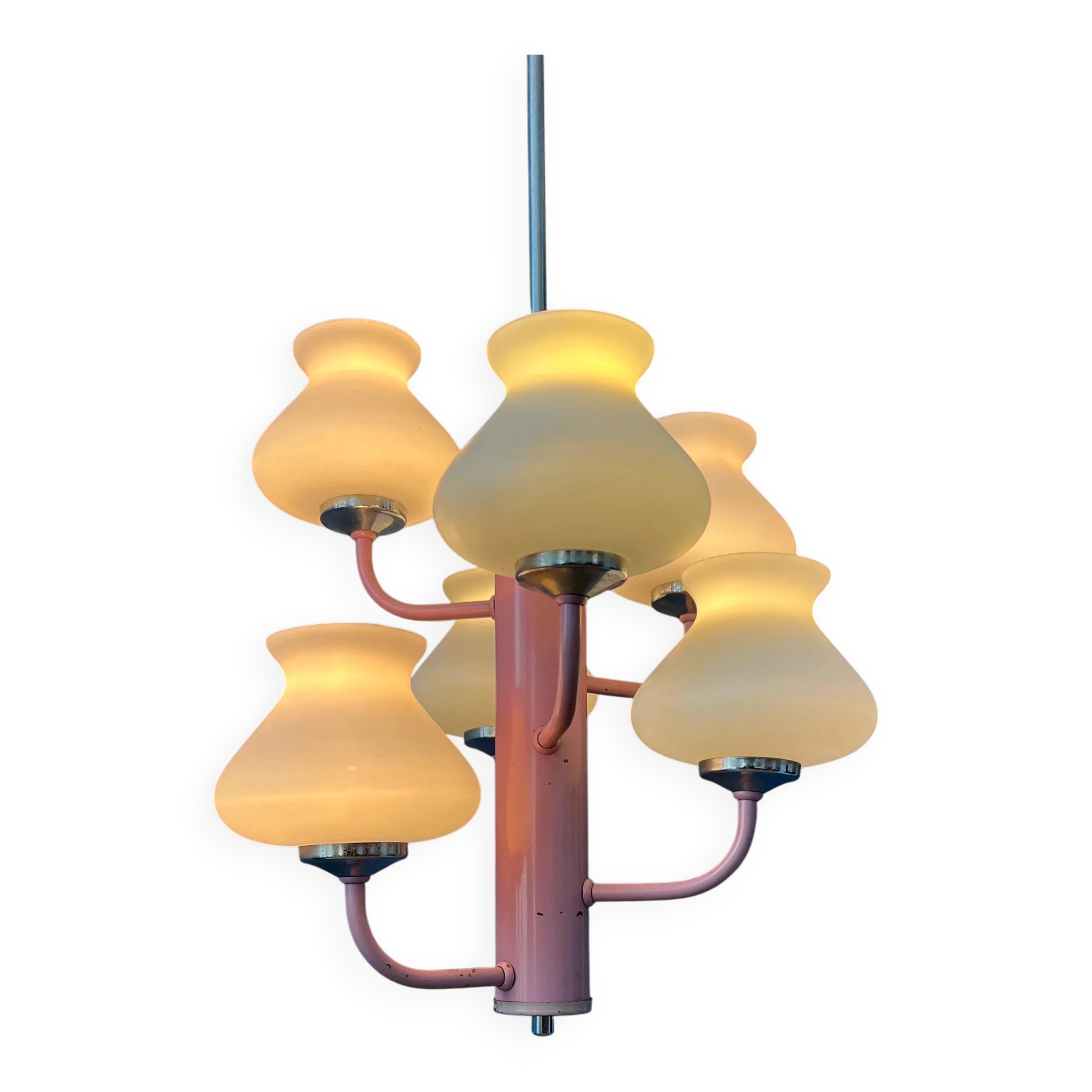 Mid-century opaline glass chandelier with a pink structure.