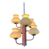 Mid-century opaline glass chandelier with a pink structure.