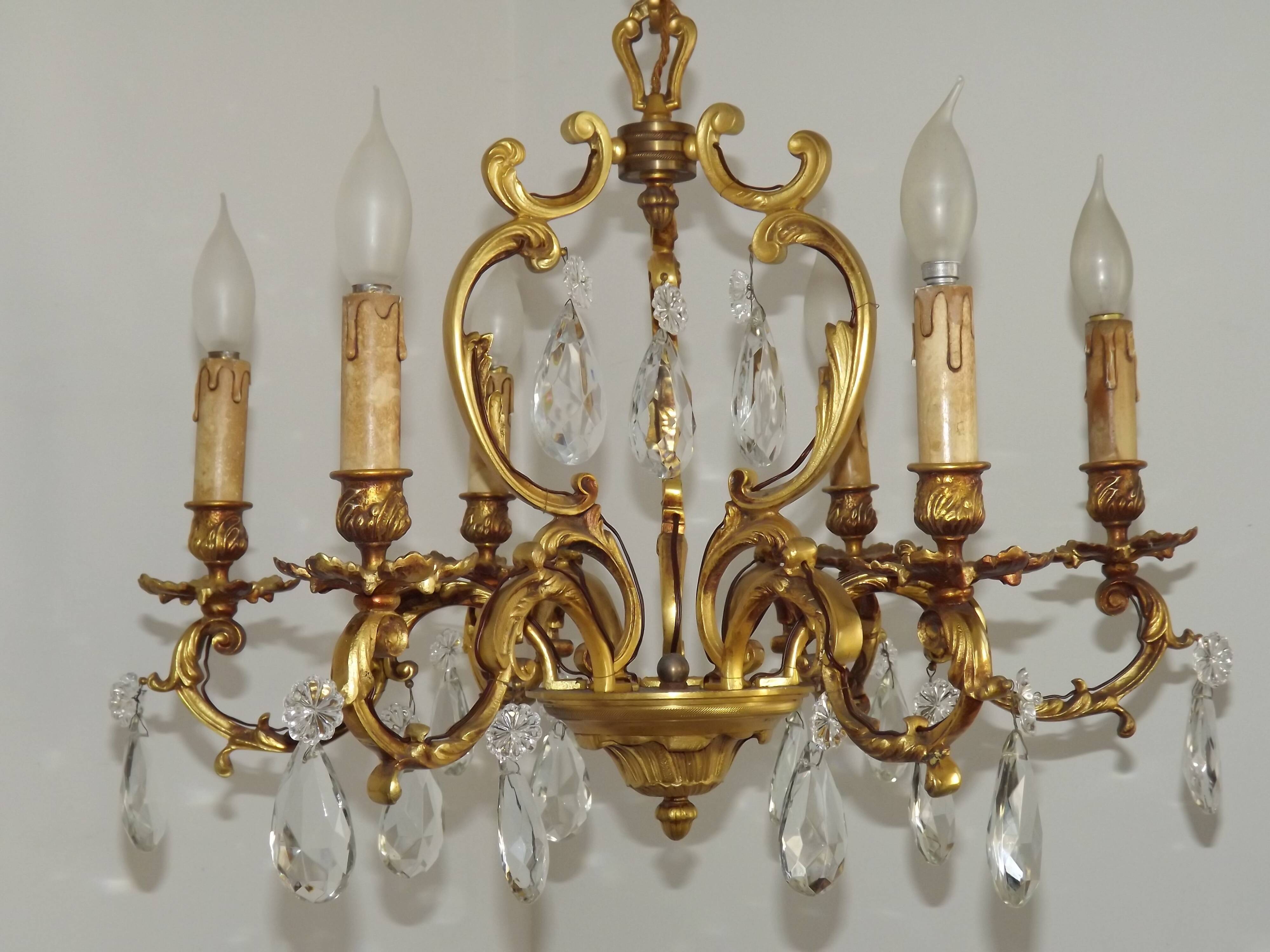 Large Heavy French Art Nouveau 6-Light Brass & Crystal Cage Chandelier