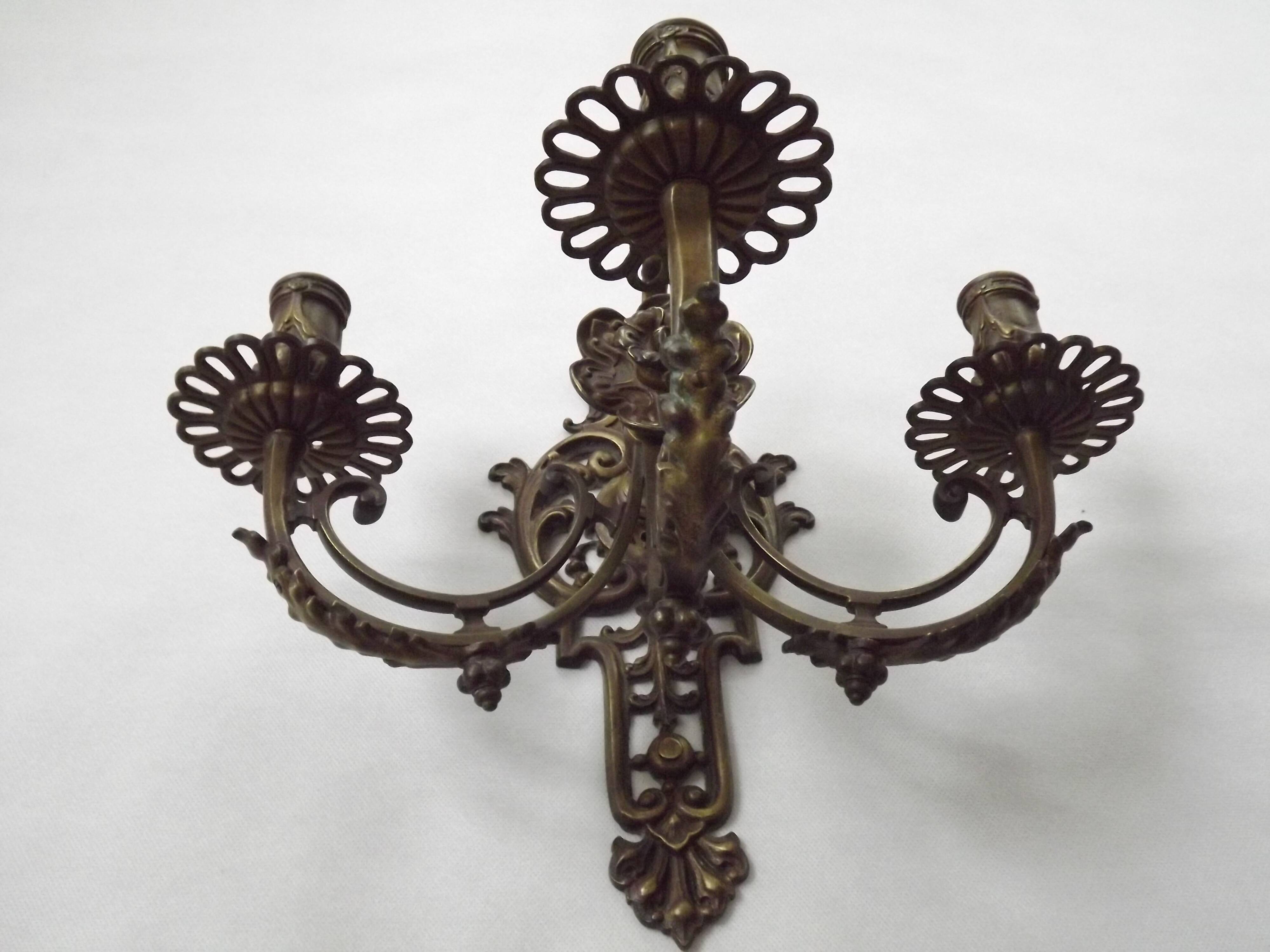 Pair of Heavy Victorian Bronze Triple Wall Sconces Griffin & Flower Detail