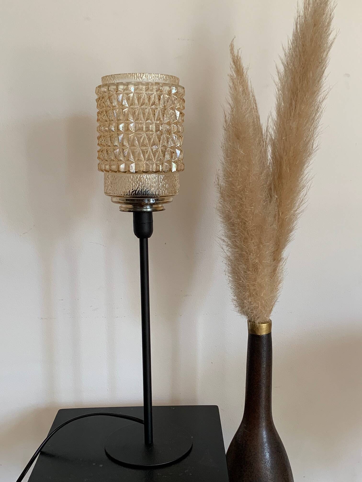 Table lamp made from an old golden glass pendant light