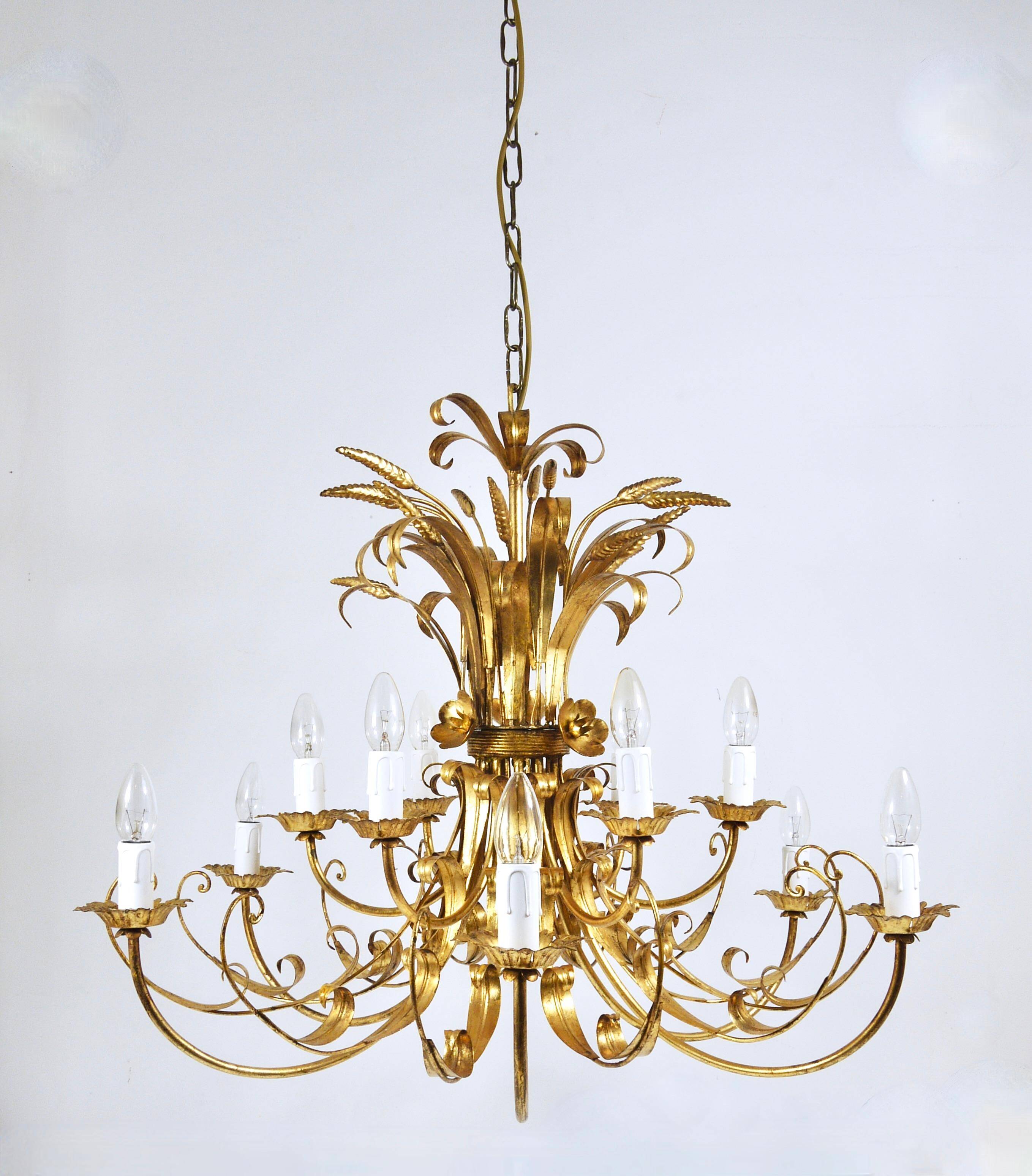 Hans Kögl XL Hollywood Regency golden wheat floral bouquet in iron, 1970s