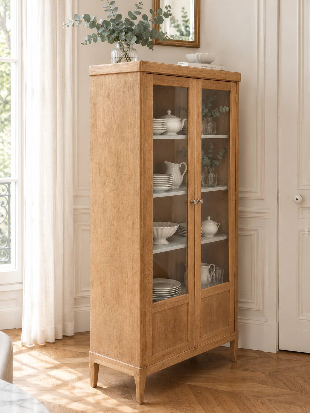 Charming vintage display cabinet from the 1950s in natural wood.