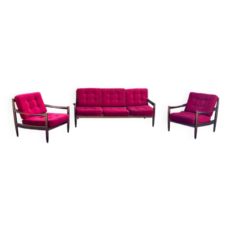 Sofa Set in Red Velvet by Grete Jalk, Denmark, 1960s