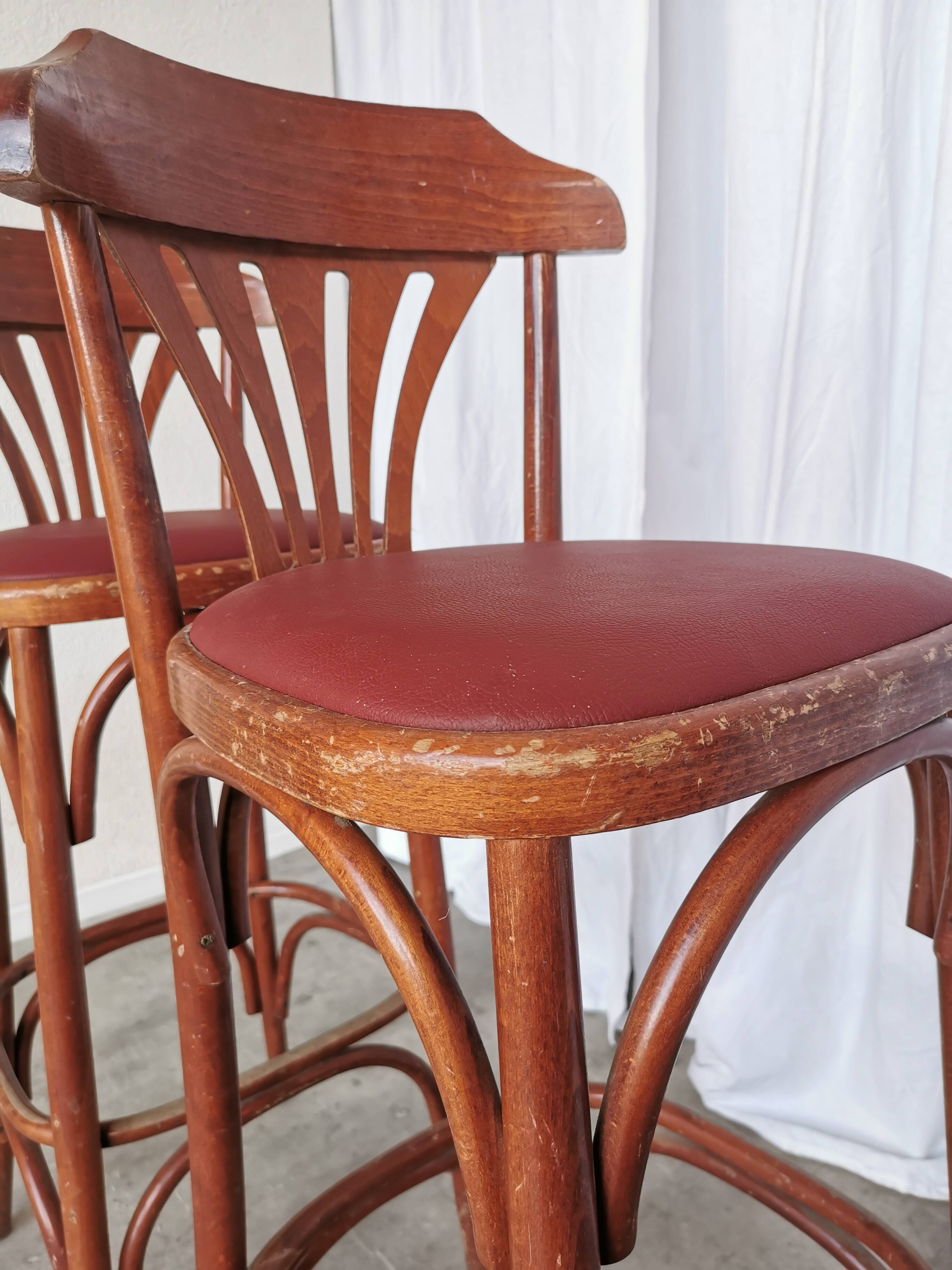 Mid-Century Thonet Style Bar Stools: Red Faux Leather Seat, Set of 2