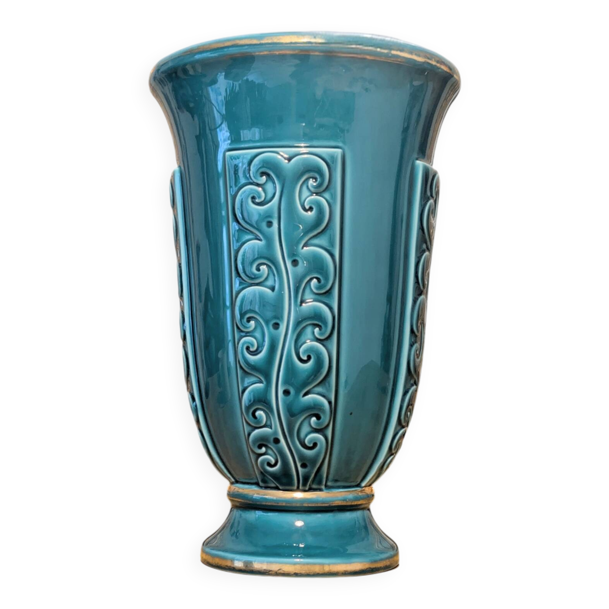 Ocean blue Verceram vase — French art ceramics
