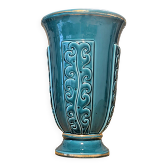 Ocean blue Verceram vase — French art ceramics