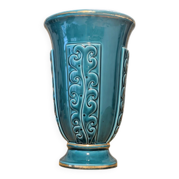 Ocean blue Verceram vase — French art ceramics
