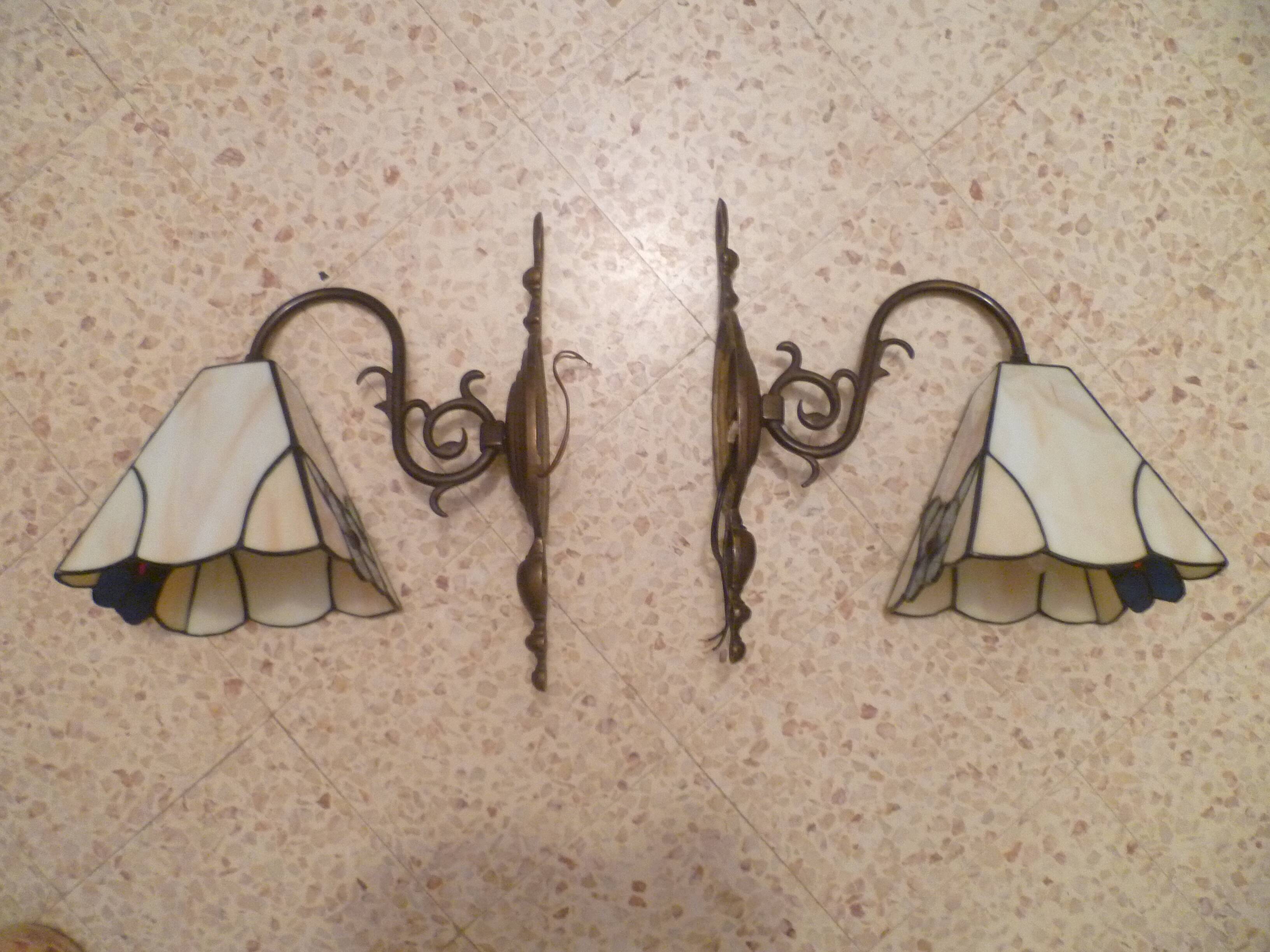 Pair of brass and color mosaic wall lights with floral pattern from the 70's