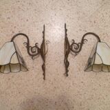 Pair of brass and color mosaic wall lights with floral pattern from the 70's