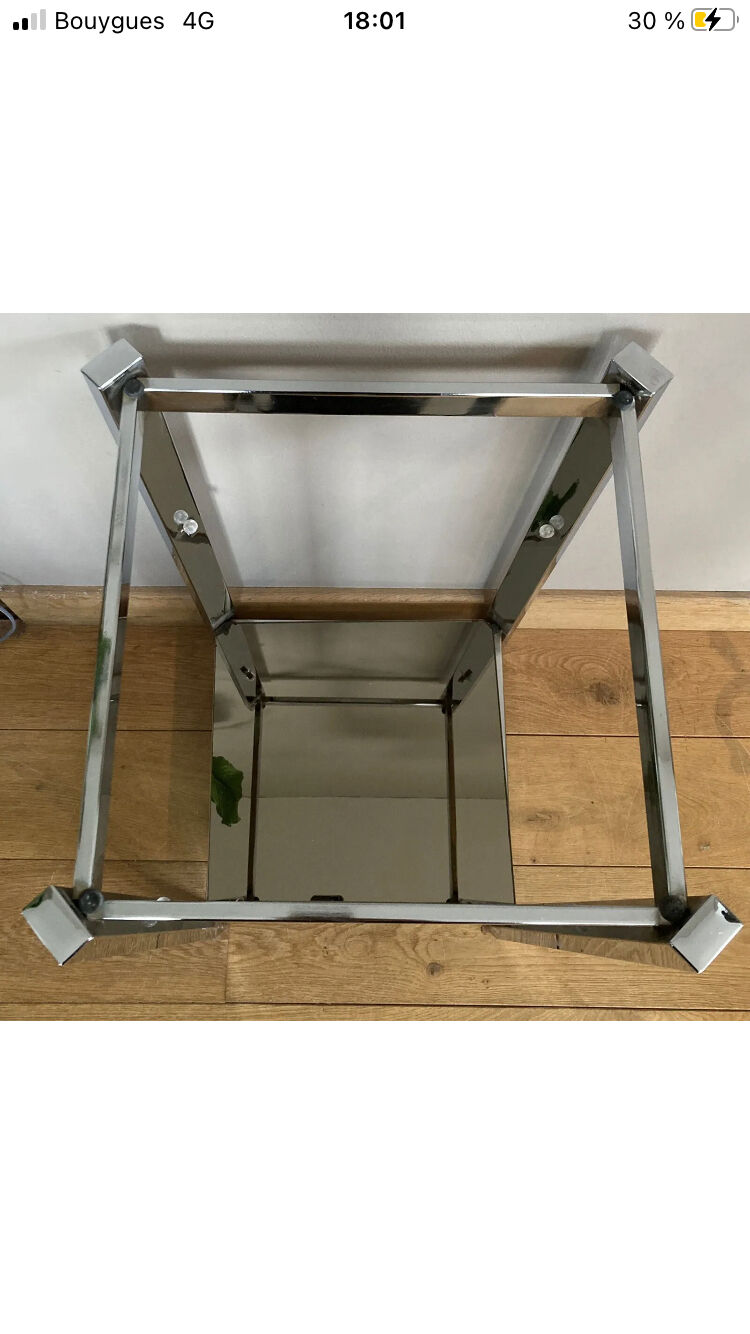 1970s sofa end harness in chromed metal, 3 removable shelves smoked mirrors (available)