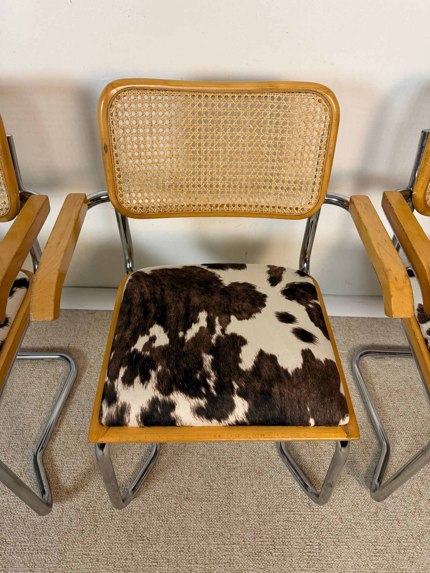 4 fauteuils cannés chrome et bois années 70