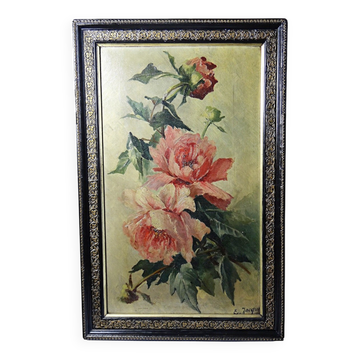 Large antique painting of peonies, signed E. Jacque, late 19th to early 20th century.