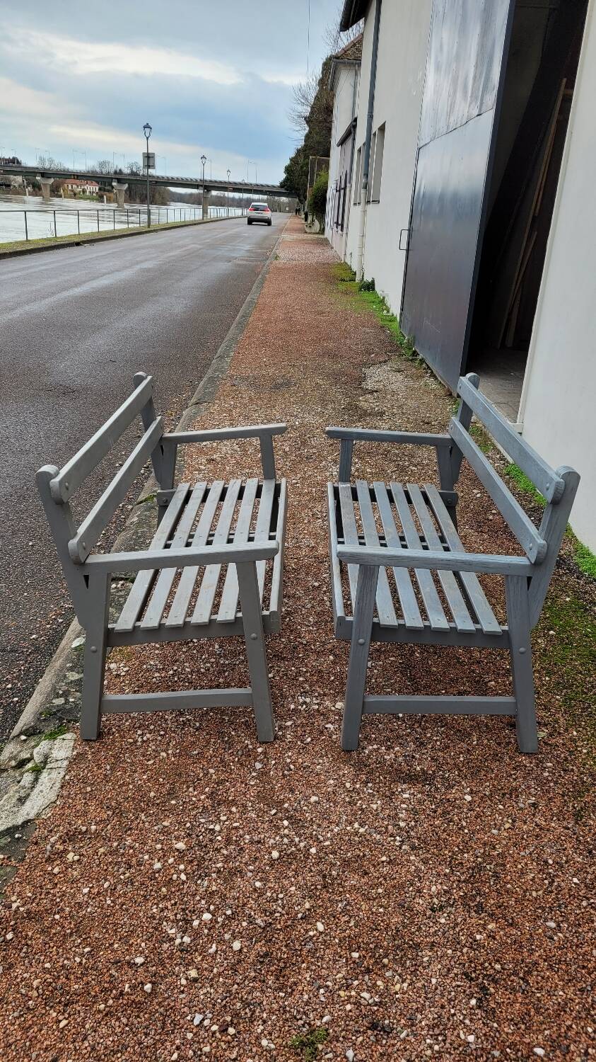 Pair of old wooden park garden benches