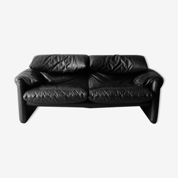 Maralunga black leather sofa 2 places, Vico Magistretti for Cassina