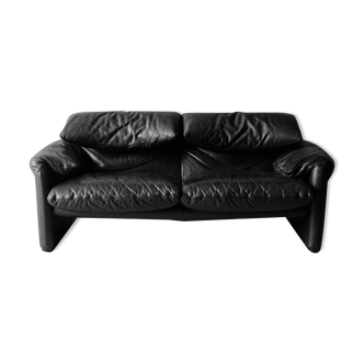 Maralunga black leather sofa 2 places, Vico Magistretti for Cassina