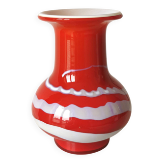 Vase vintage en verre de Murano : rayures rouges et blanches, décoration style années 1970