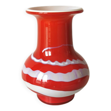 Vintage Murano Glass Vase: Red & White Stripes, 1970s Space Age Decor
