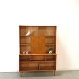 Deens hoge teak vakkenkast met bar vintage wandkast