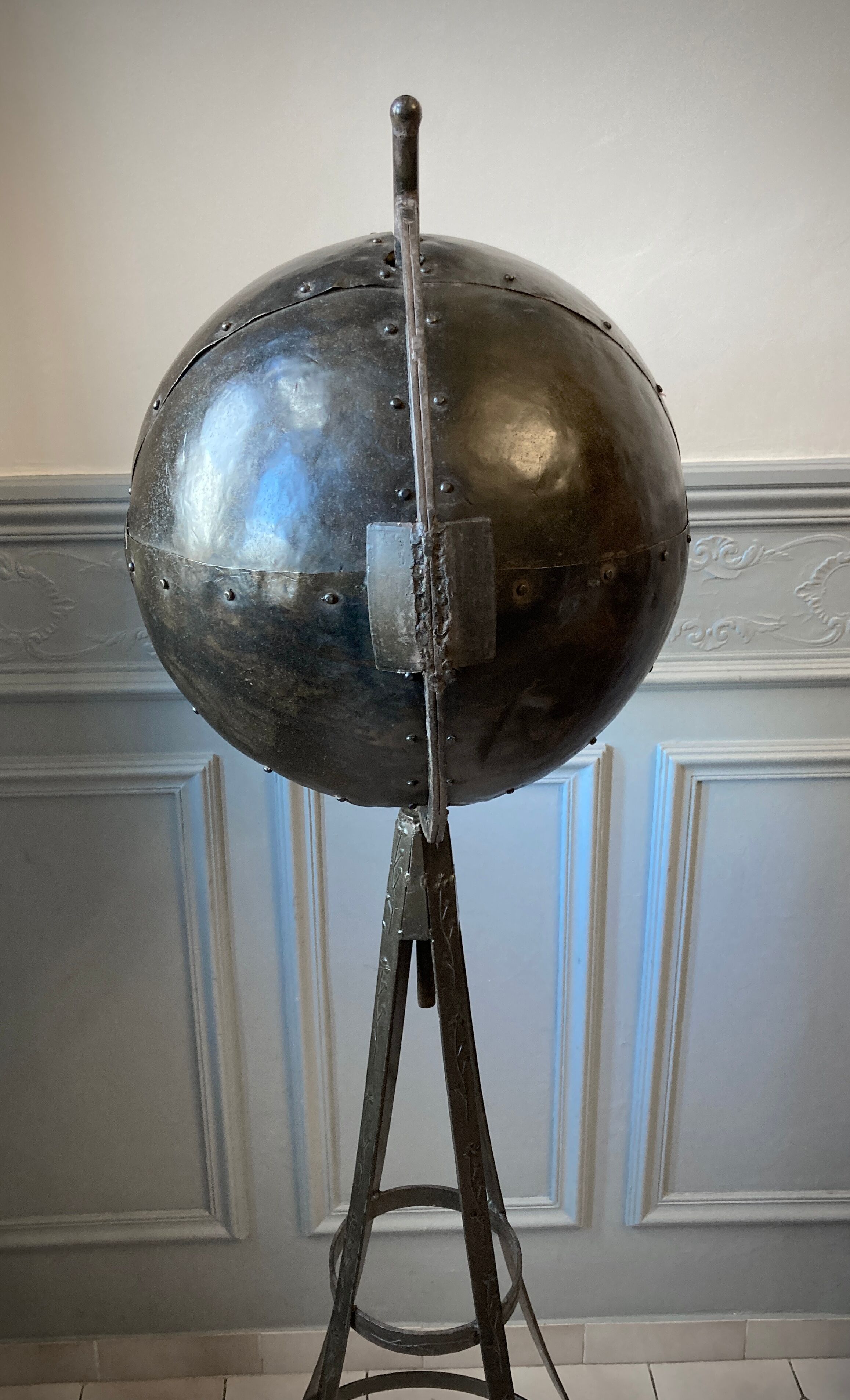 Atypical industrial furniture riveted sphere