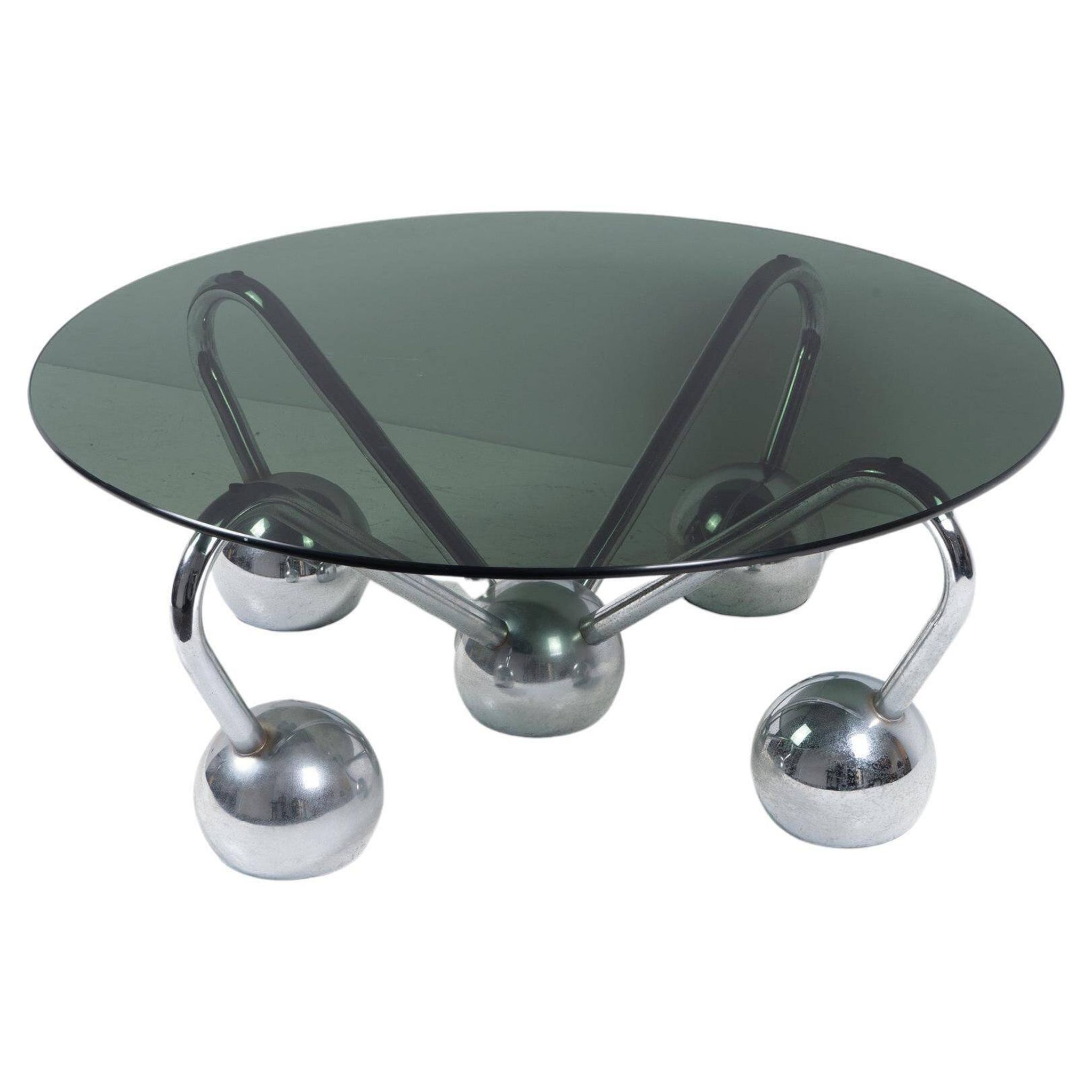 Table basse Sputnik en métal chromé et verre fumé