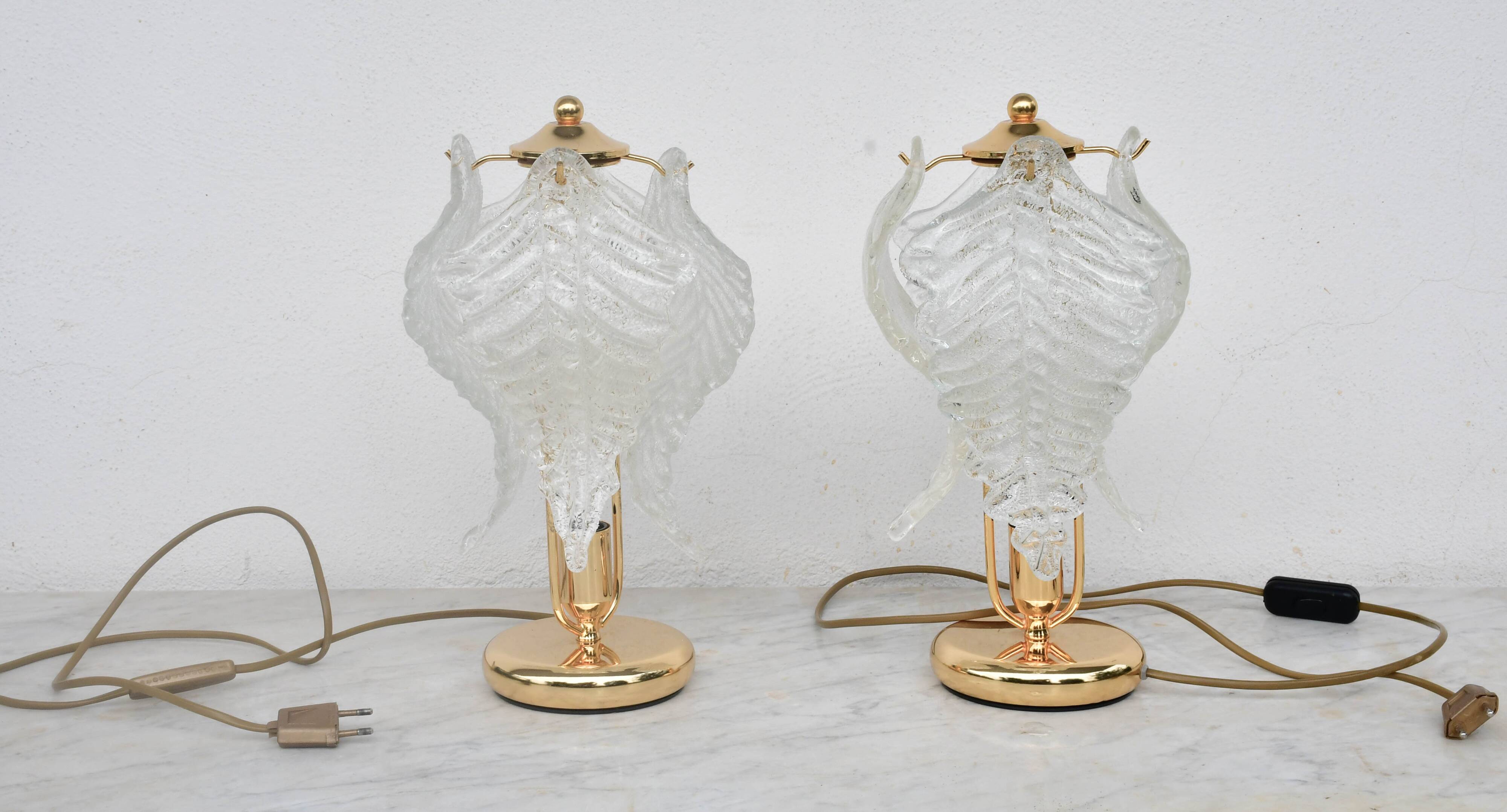 Set of 2 Murano glass table lamps transparent leaves
