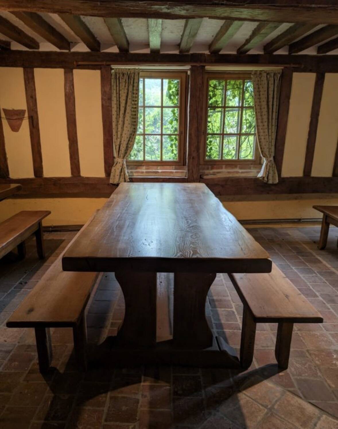 Set of 3 monastery tables in solid oak 220 cm with 6 matching benches.