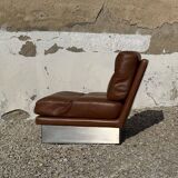 Salon complet en aluminium brossé et cuir marron, France 1970