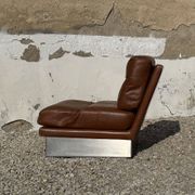Complete vintage living room set, brushed aluminum and brown leather, France, 1970