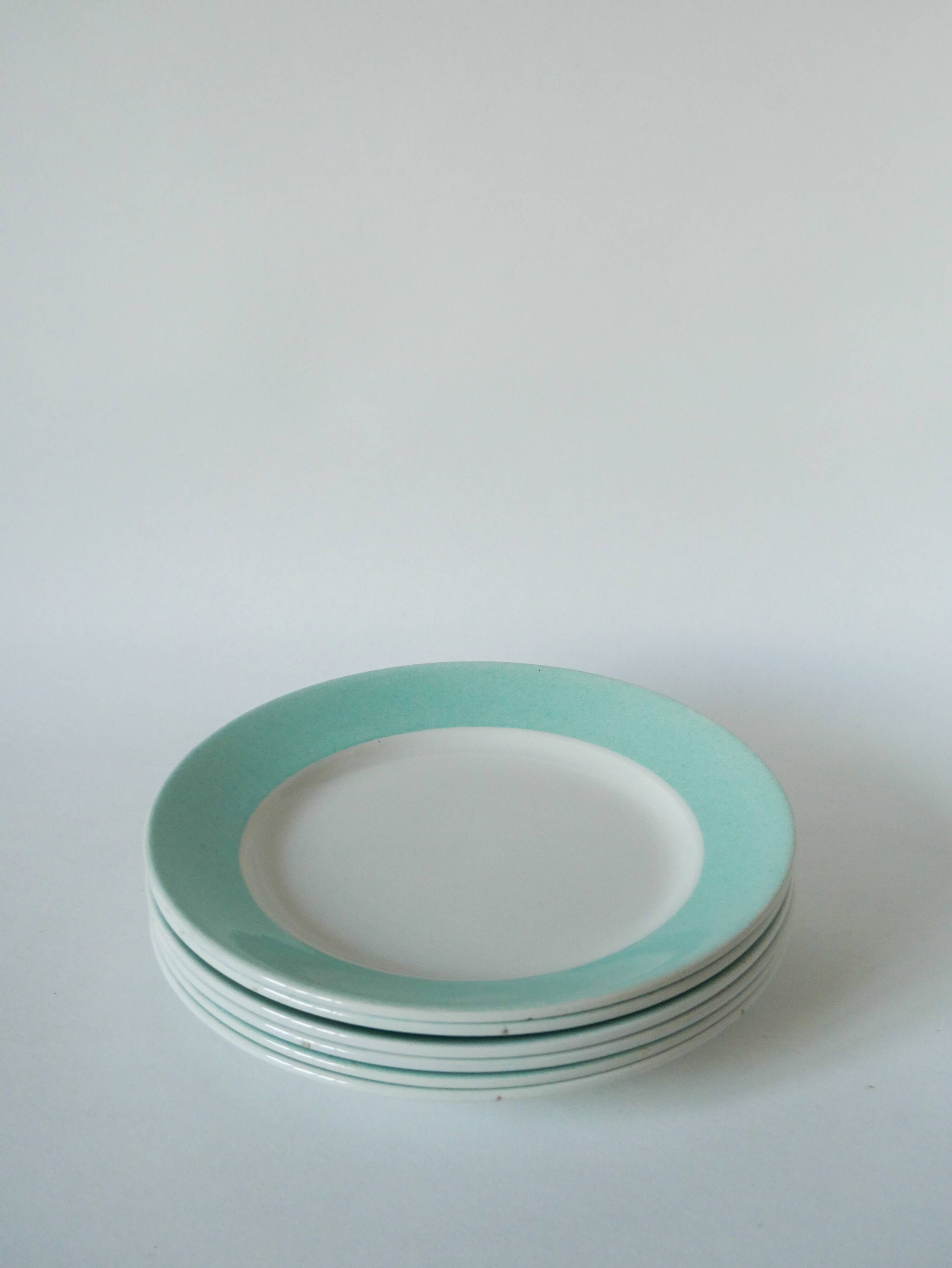 Set of 6 Badonviller flat plates with speckled mint colored edge 1950