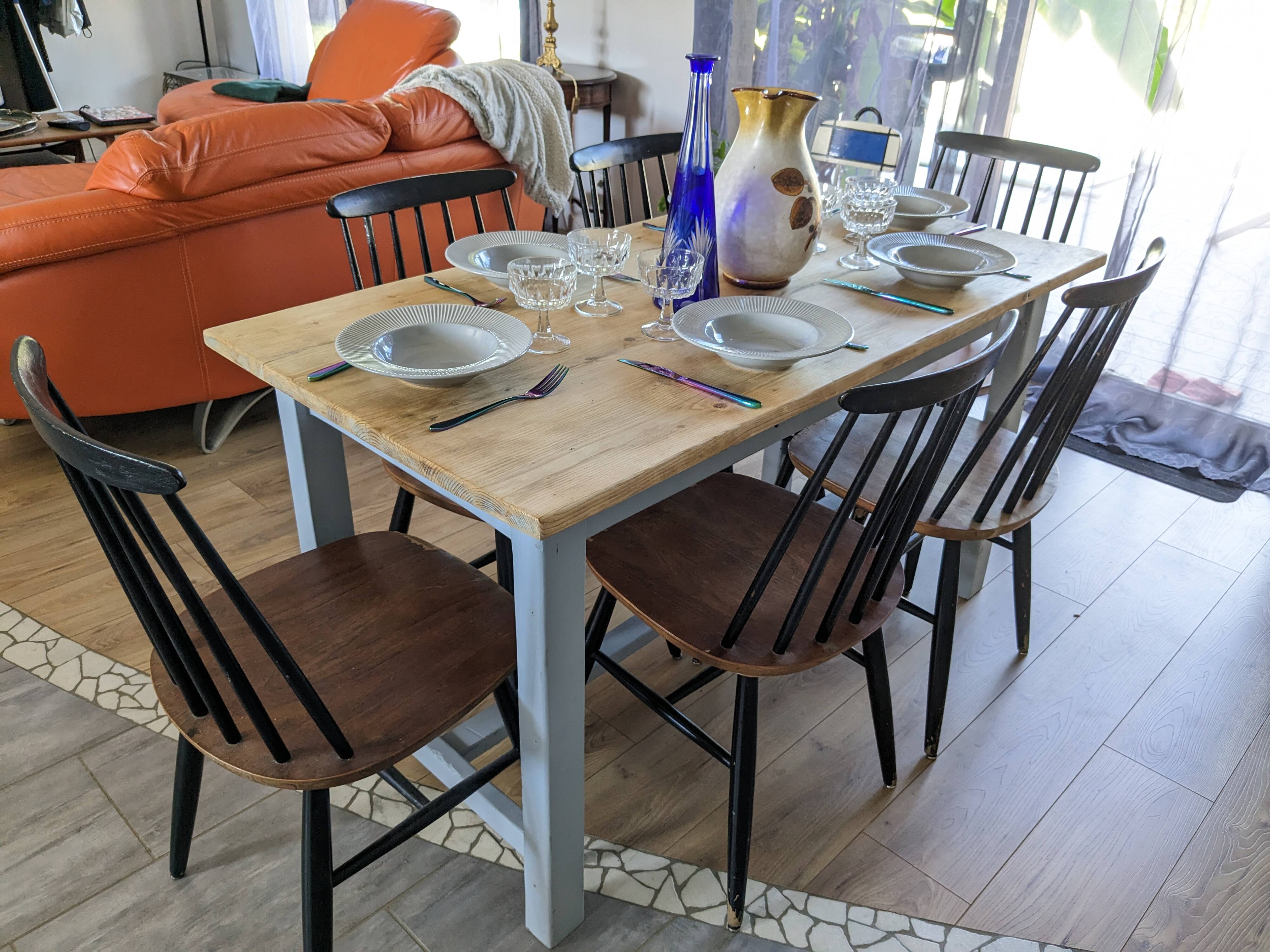 Sky blue and light wood farm table early 20th century 138 cm