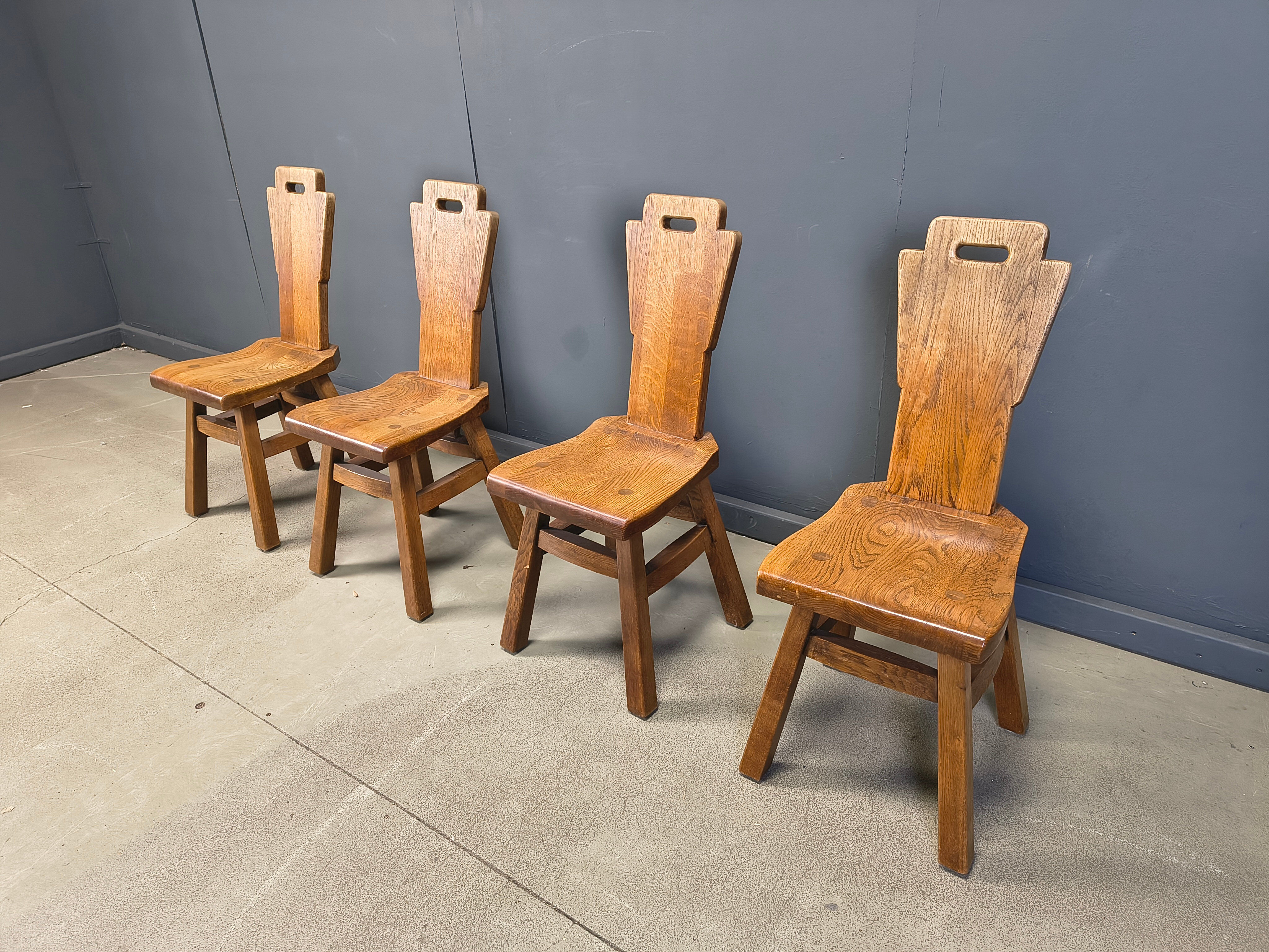 Vintage oak brutalist chairs, 1970s set of 4