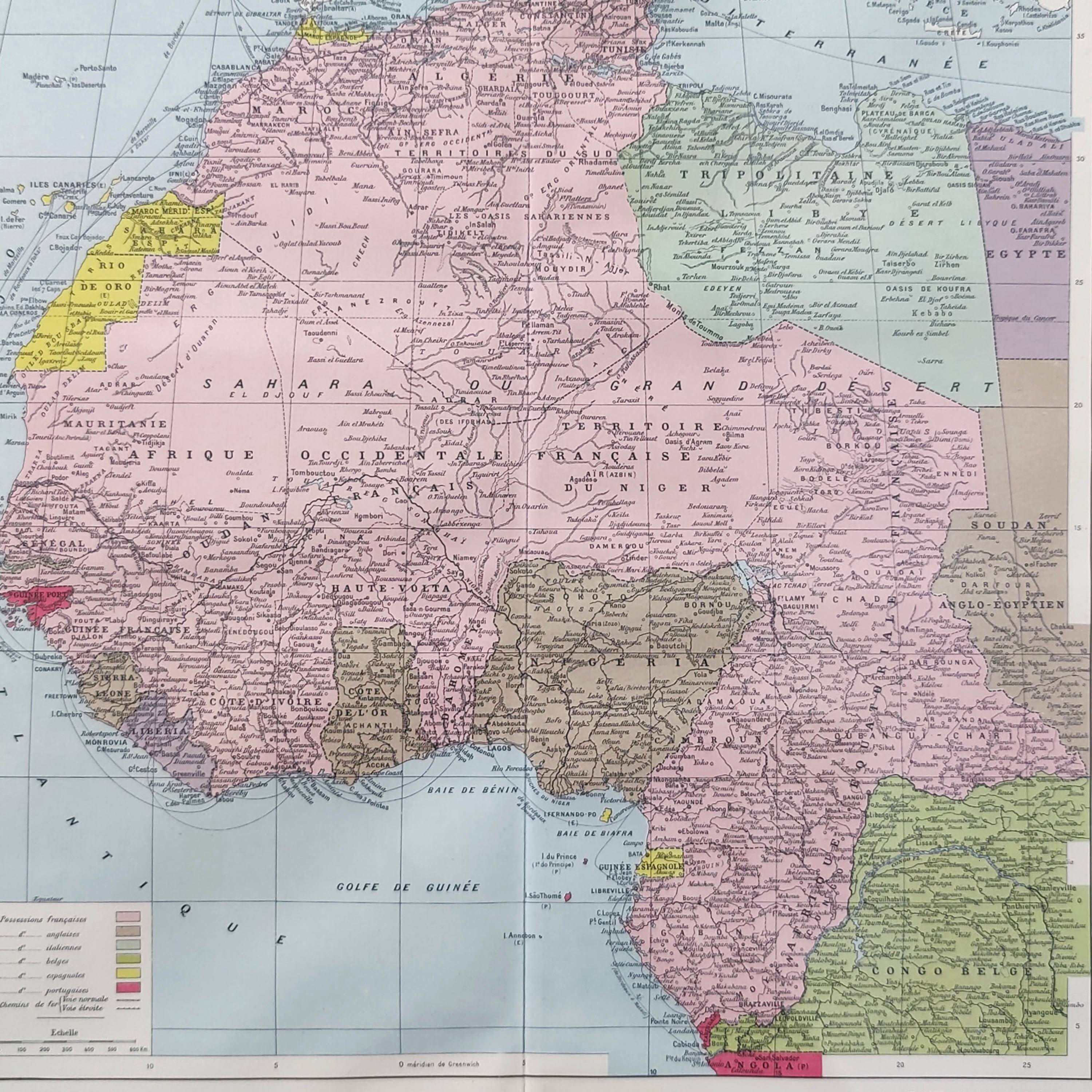 Antique map of French West and Equatorial Africa in 1950 43x43cm