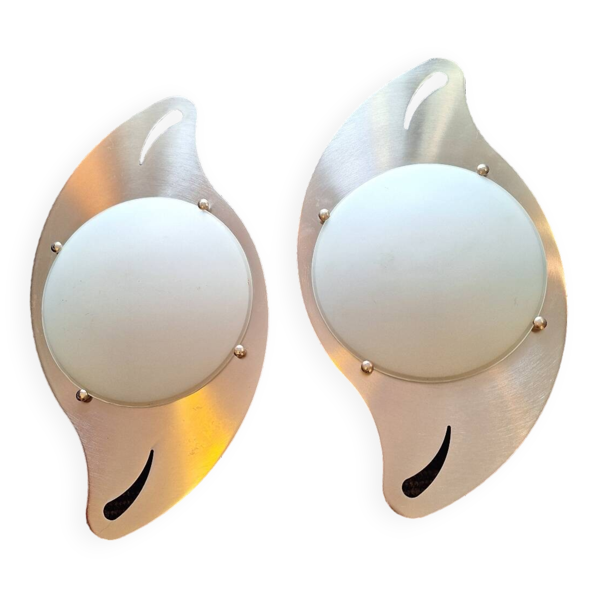 pair of 20th century stainless steel wall lights with opaque glass