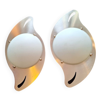 pair of 20th century stainless steel wall lights with opaque glass