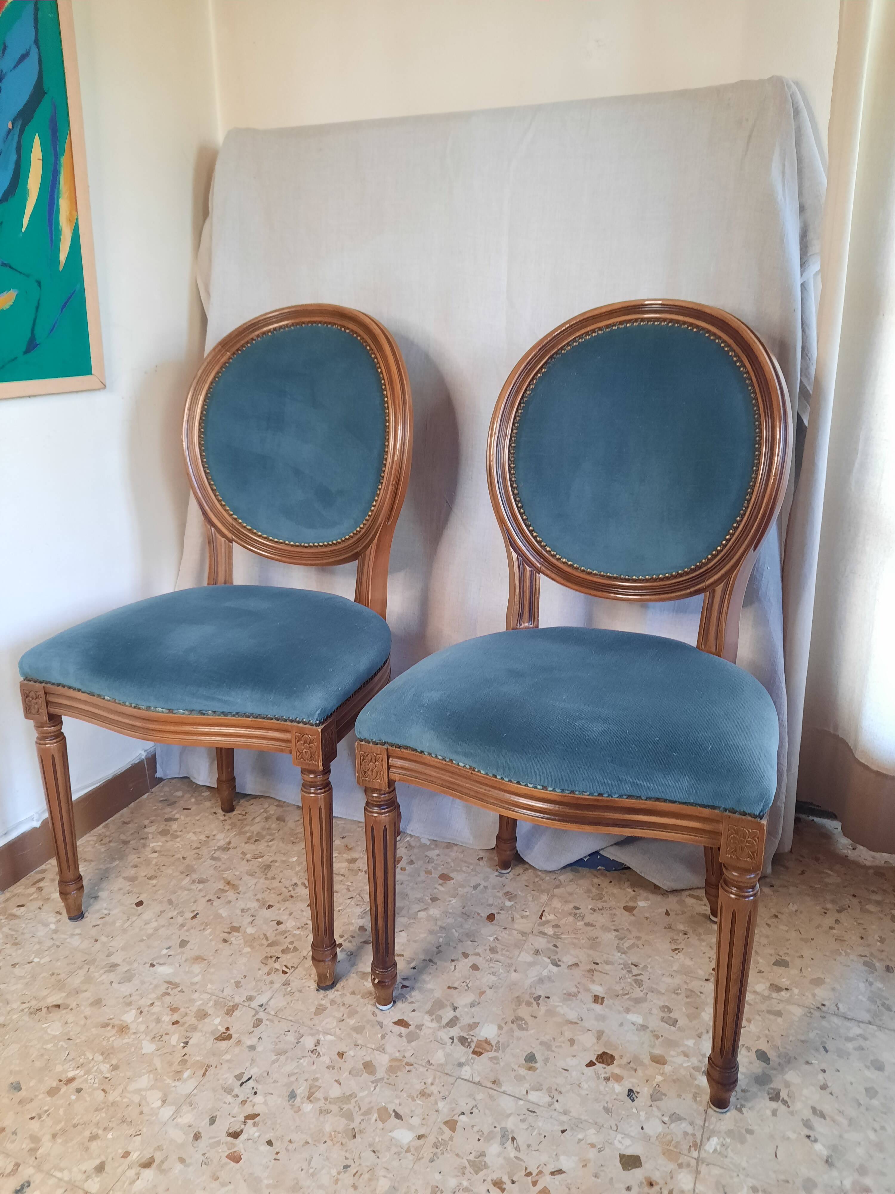 Pair of blue velvet medallion chairs