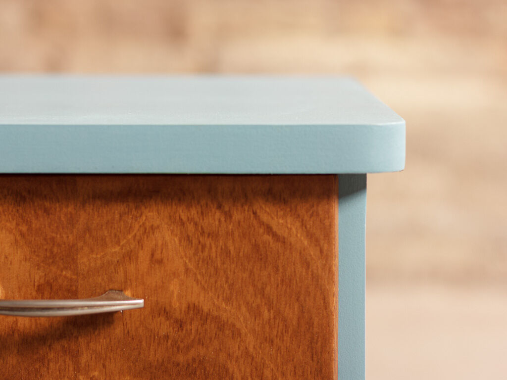 Pair of vintage bedside tables completely redesigned in blueberry on compass feet in solid oak tinted teak