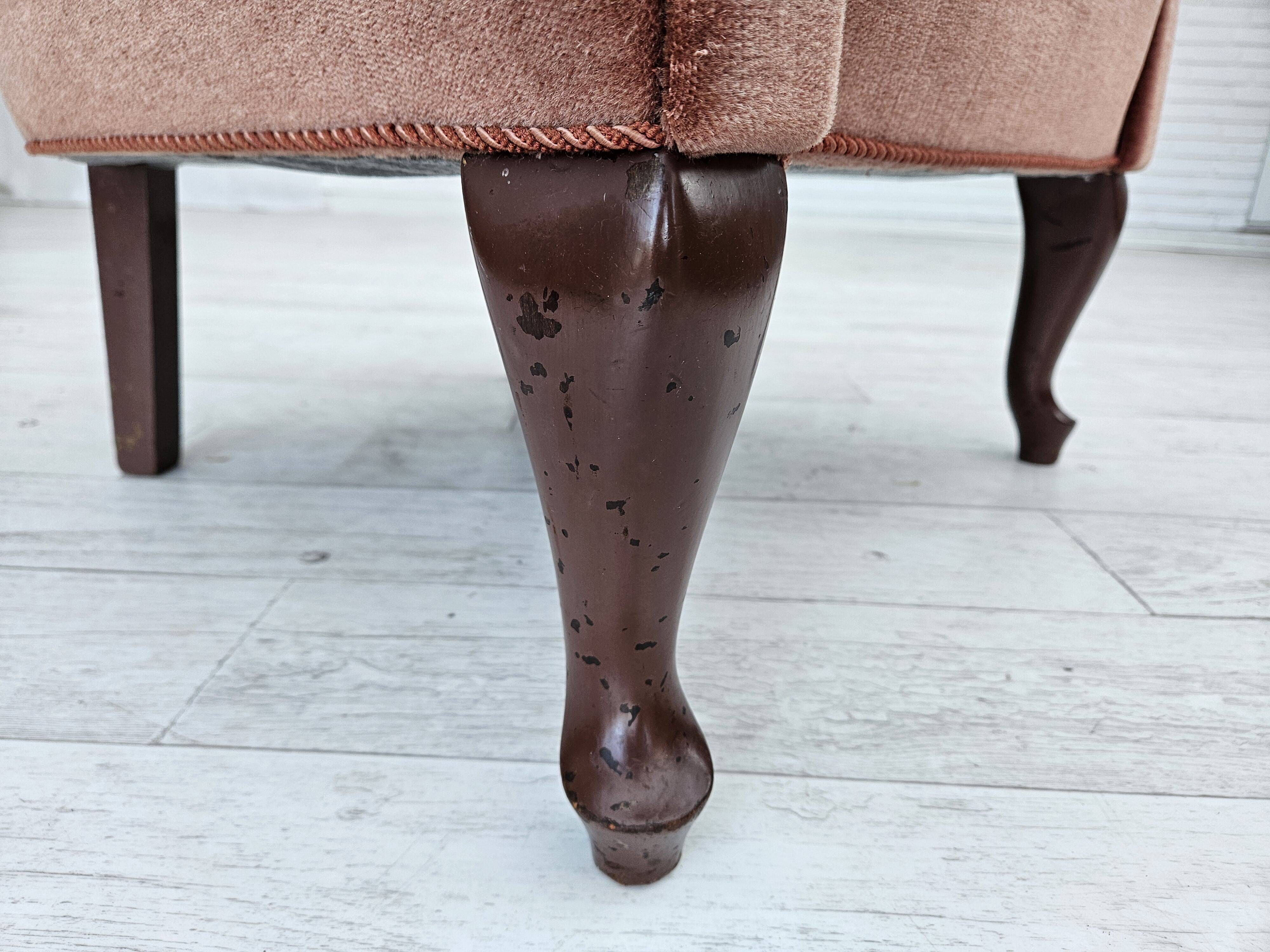 1960s, Danish lounge chair, salmon pink furniture velour, ash wood legs.