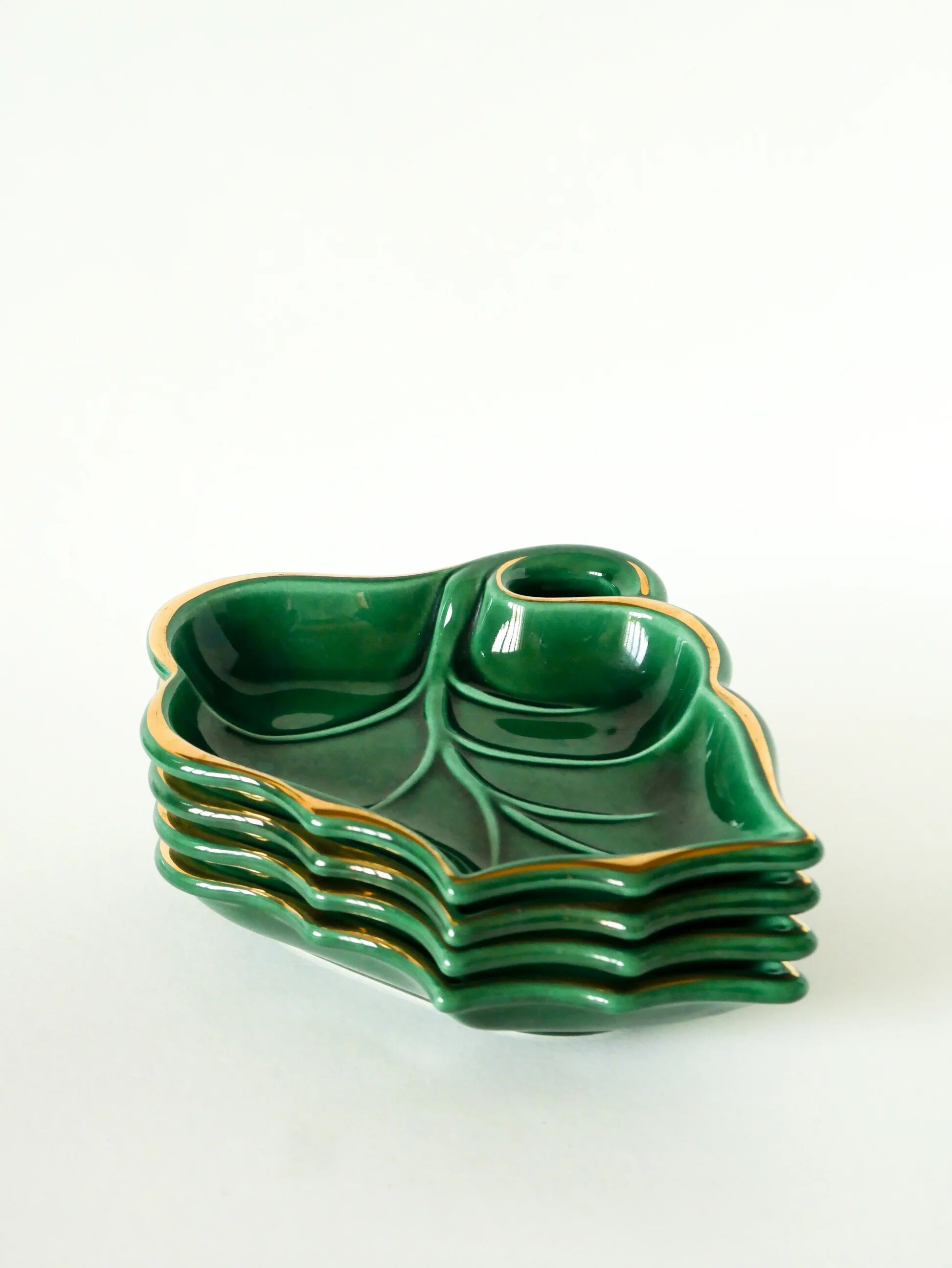 Leaf-shaped earthenware catchall, green and gold, 1970.