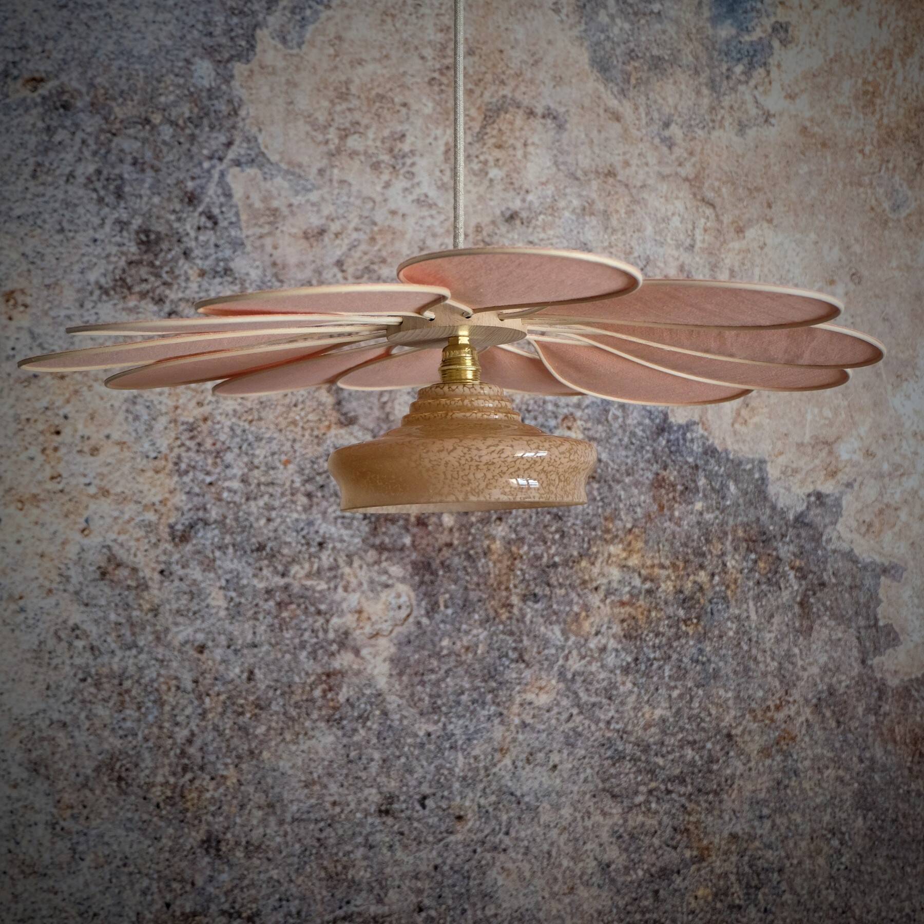 Rattan and Pink Linen Flower Pendant Light and Vintage Clichy Glass Globe