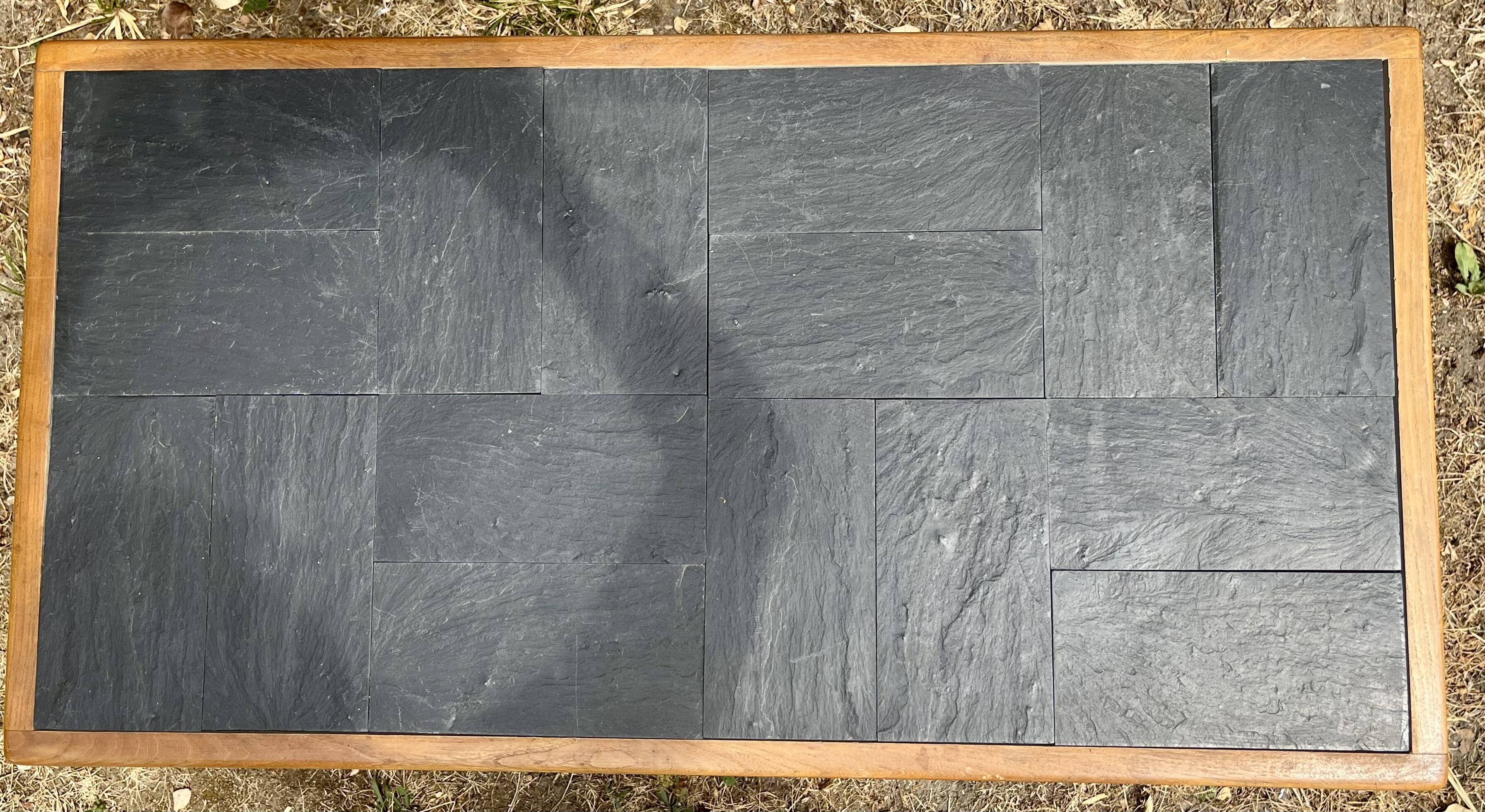 Vintage coffee table in solid wood and slate – 1970s – Modernist style