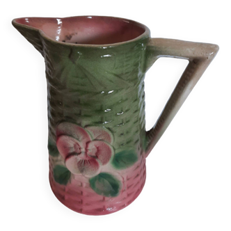 Slush pitcher. Pansy pattern on wicker basket background. Green and pink.