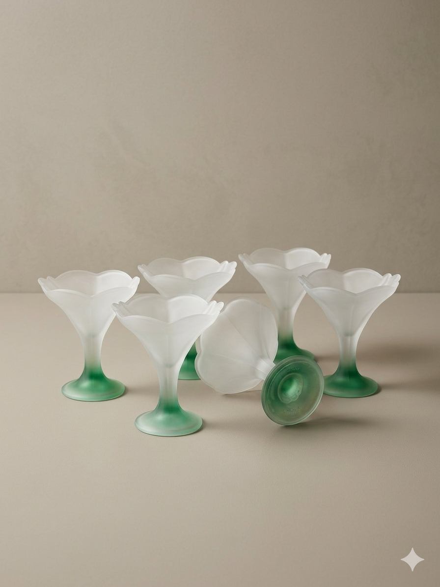 Set of 6 Art Deco dessert bowls in frosted glass with a gradient stem.