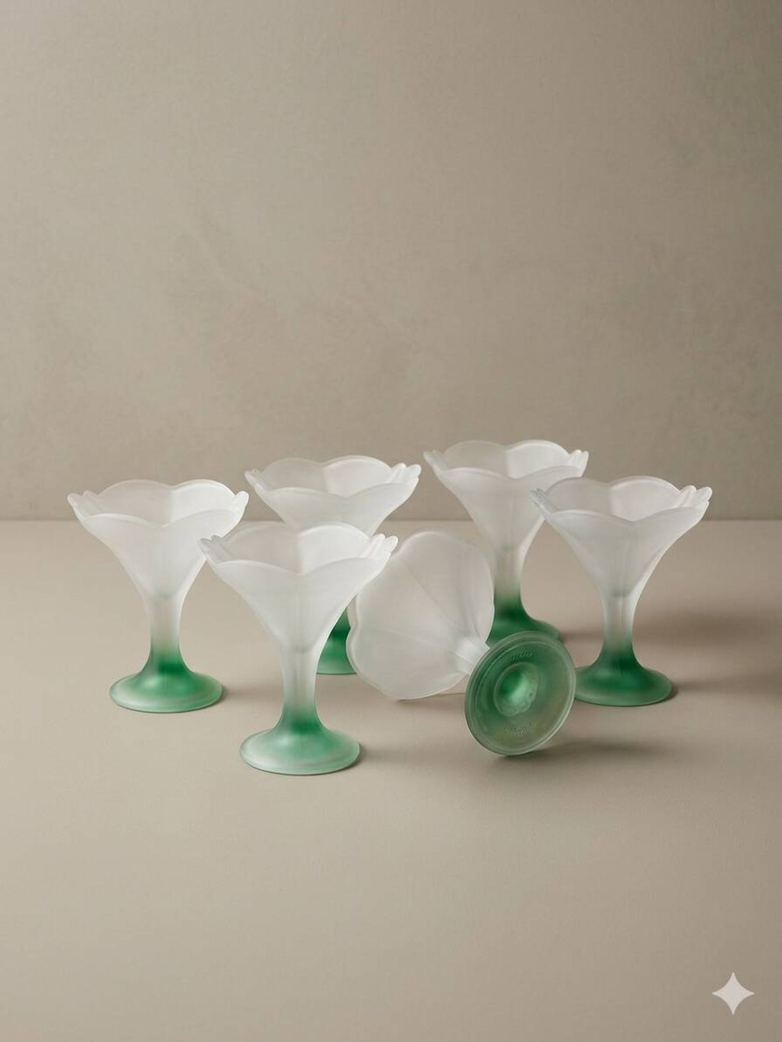 Set of 6 Art Deco dessert bowls in frosted glass with a gradient amber stem.