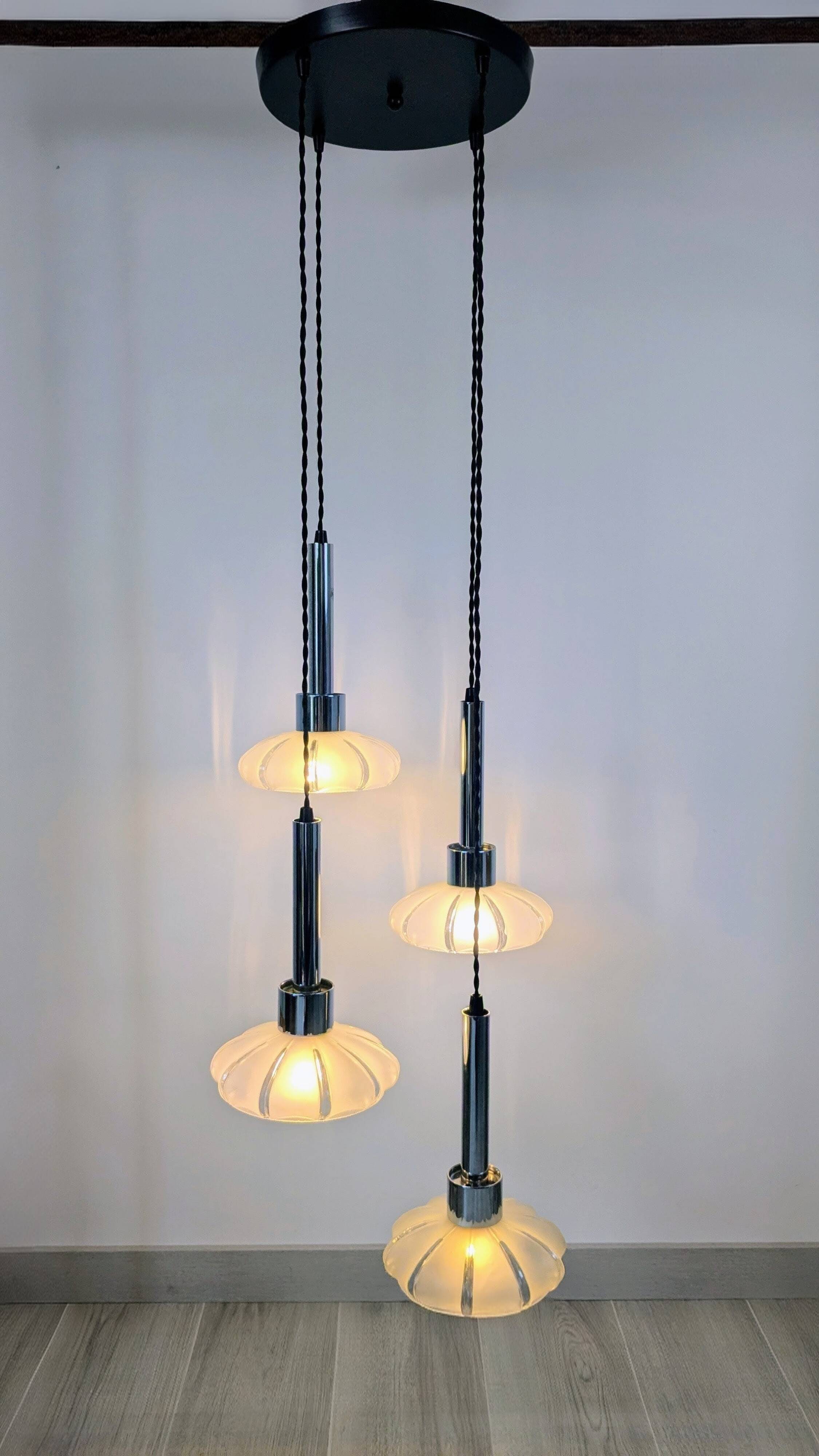 4-light pendant light – Art Deco Czech glass shades – vintage frame