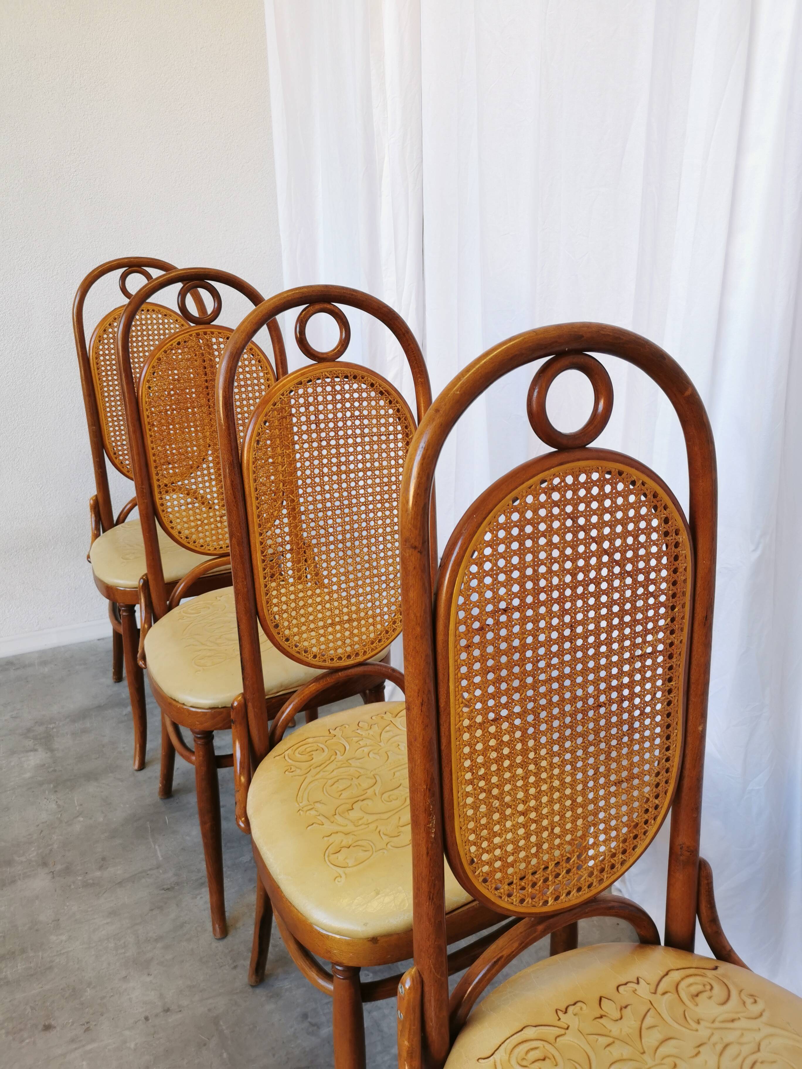 Set of 4 Vintage Bentwood Dining Chairs: Cane Back, Leather Seat, Thonet St