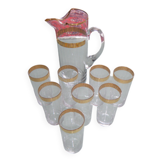 Orangeade service pitcher + 8 tall golden glasses